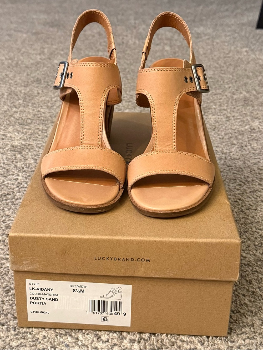 Lucky Brand Tan Leather T-Strap Wedge Sandals